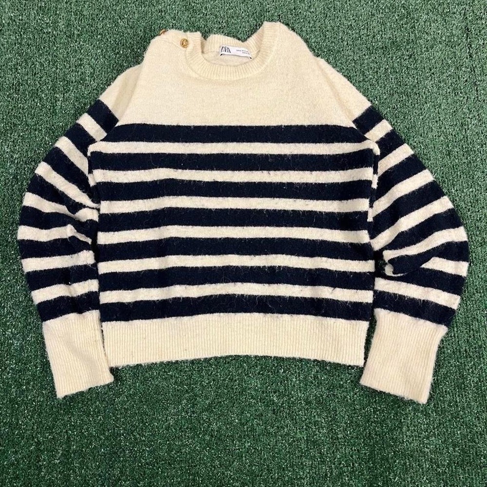 Zara Mens Striped Knit Sweater Cream Navy Blue XL Crewneck Button Shoulder